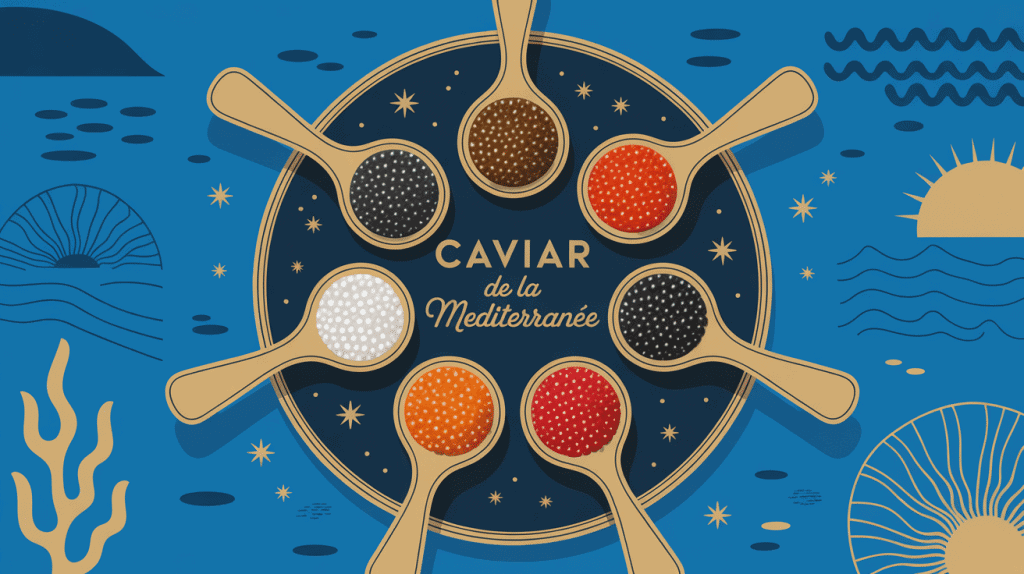 Plateau caviar de la Méditerranée cuillères nacre couleurs variées
