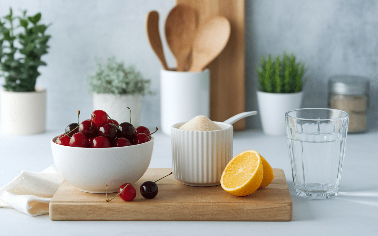 Comment faire des cerises amarena maison avec ingrédients sur plan de travail