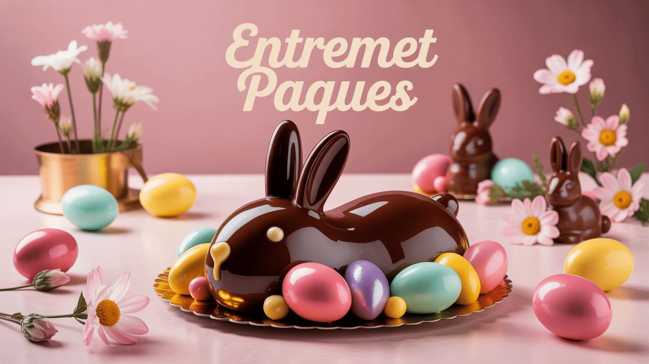 Entremet paques œuf géant festif avec décor printanier