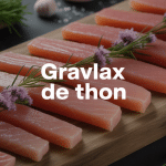 gravlax de thon tranché sur planche avec aneth