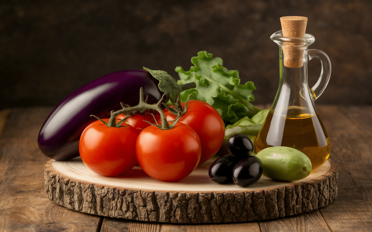 Ingrédients originaux caponata sicilienne de ma grand-mère sur table en bois