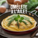 Omelette à l'aillet dorée en poêle, œufs et herbes