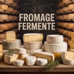 Plateau de fromage fermenté avec meules et caves d'affinage artisanales