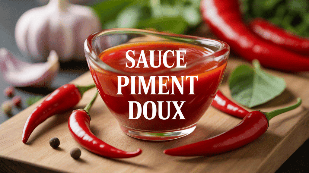 Bouteille sauce piment doux entourée ingrédients frais