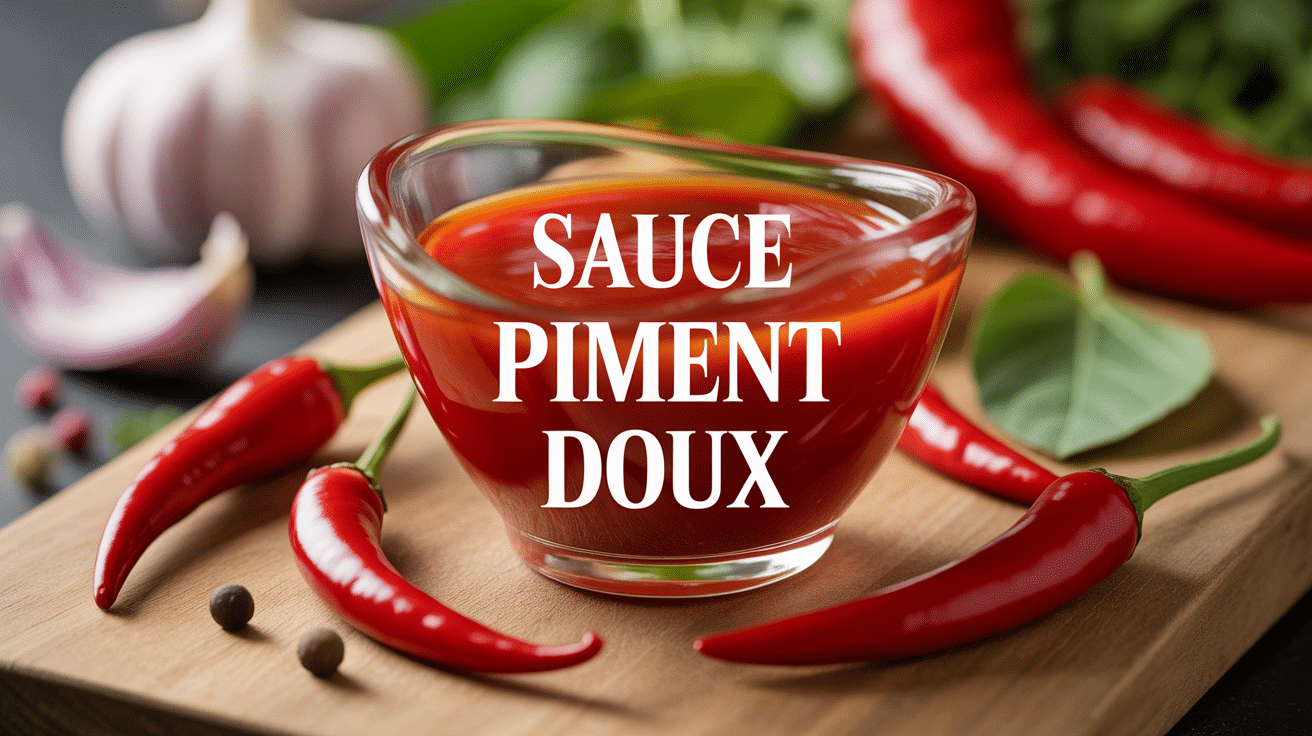 Bouteille sauce piment doux entourée ingrédients frais