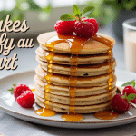 stack pancakes fluffy yaourt sur assiette, fruits rouges, miel