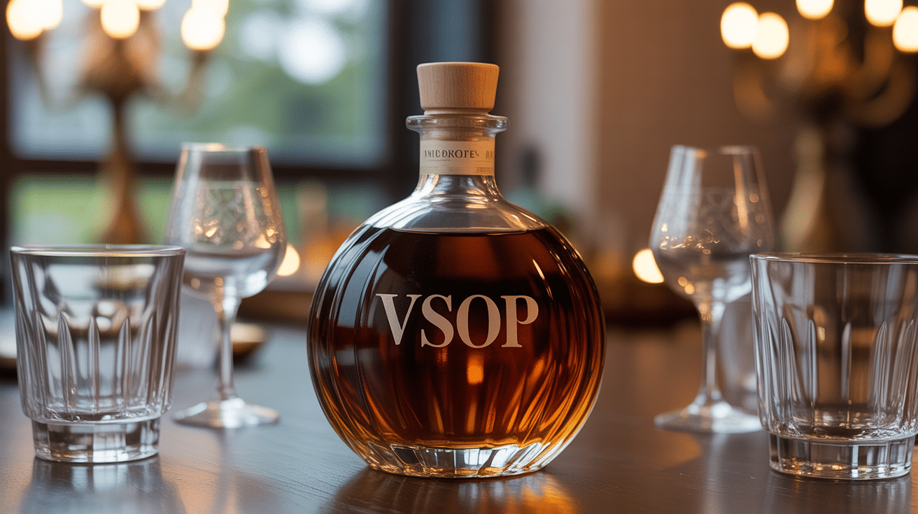 vsop bouteille spiritueux ambré sur table bois