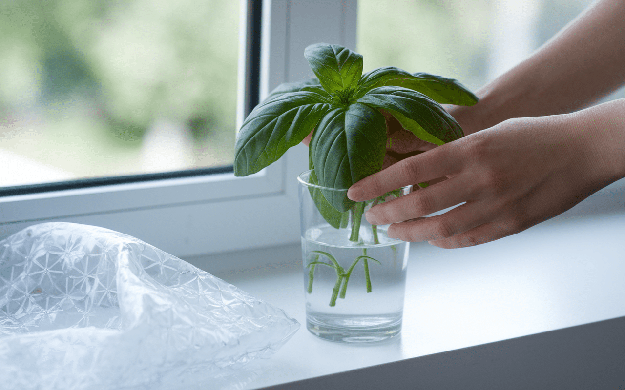 Basilic conserver feuilles verre eau