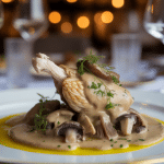 Chapon au vin jaune et morilles Georges Blanc présenté en plat gastronomique