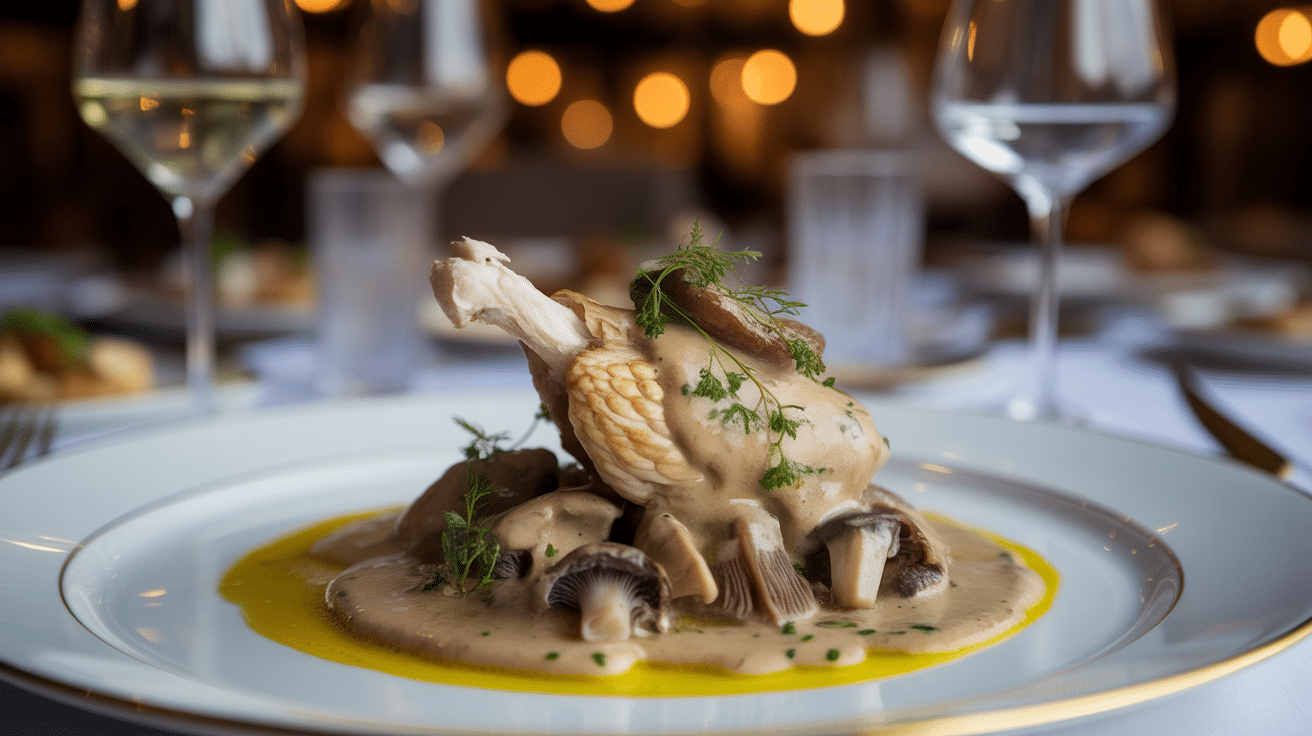 Chapon au vin jaune et morilles Georges Blanc présenté en plat gastronomique