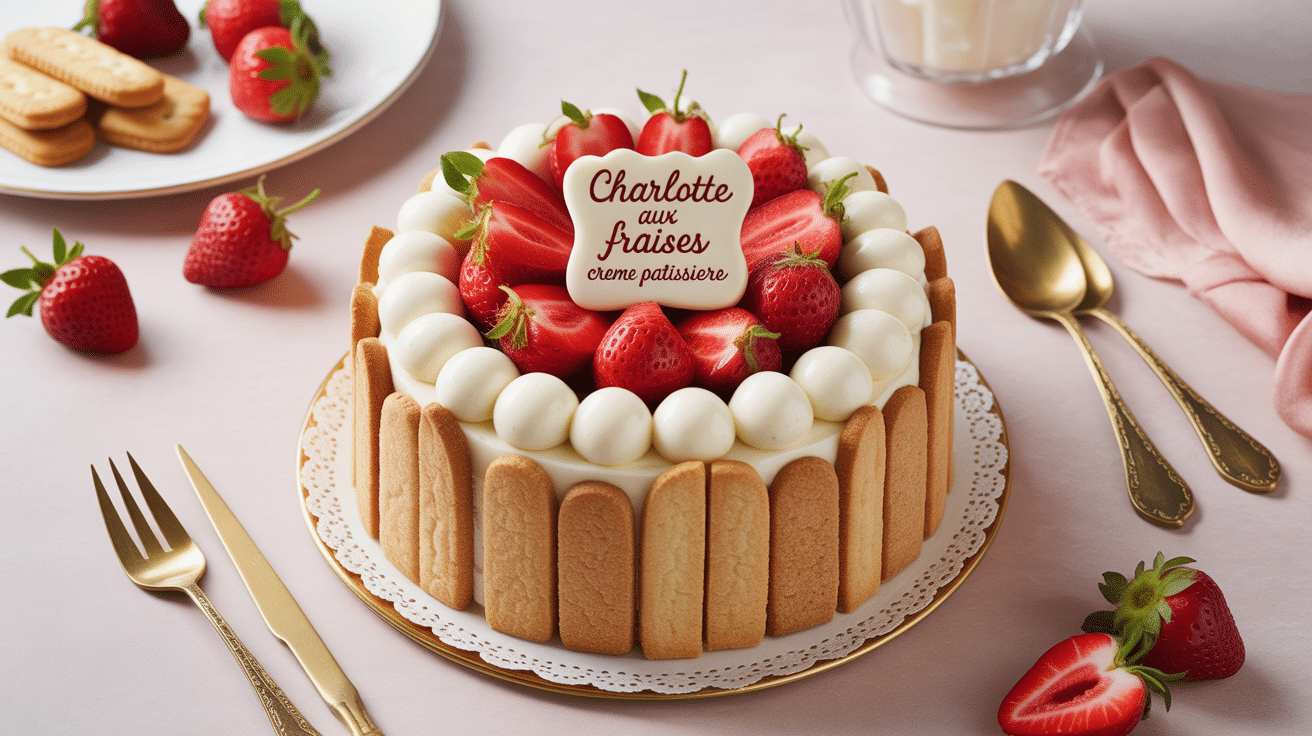 Charlotte aux fraises crème pâtissière sur présentoir décoré
