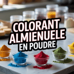 Bol de colorant alimentaire en poudre sur plan de travail pâtisserie