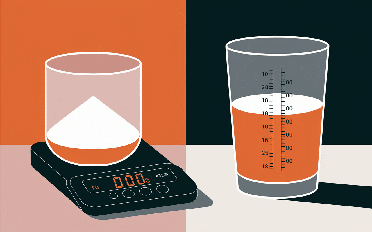 infographie conversion 100 g de sucre en cl avec balance et verre doseur