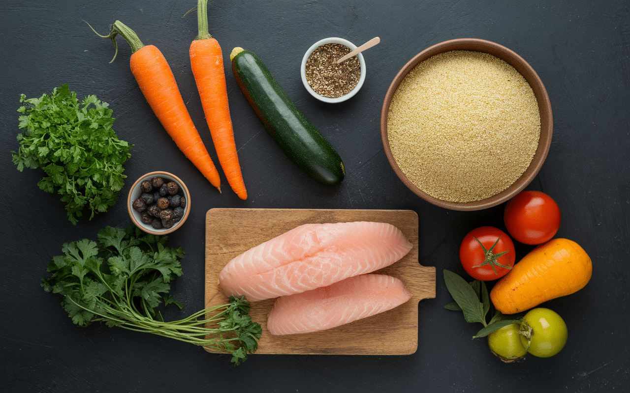 Ingrédients épices poisson légumes couscous poisson