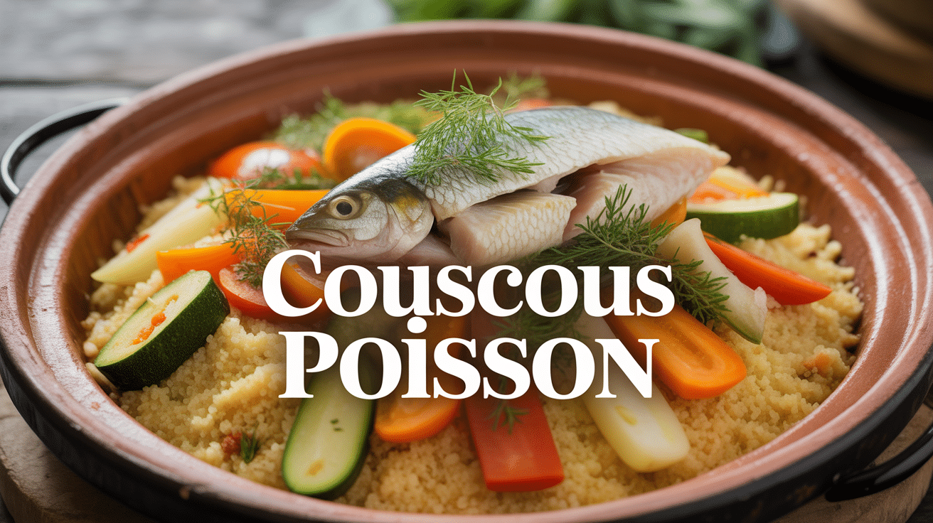 Couscous poisson avec semoule, poisson blanc, légumes, tajine