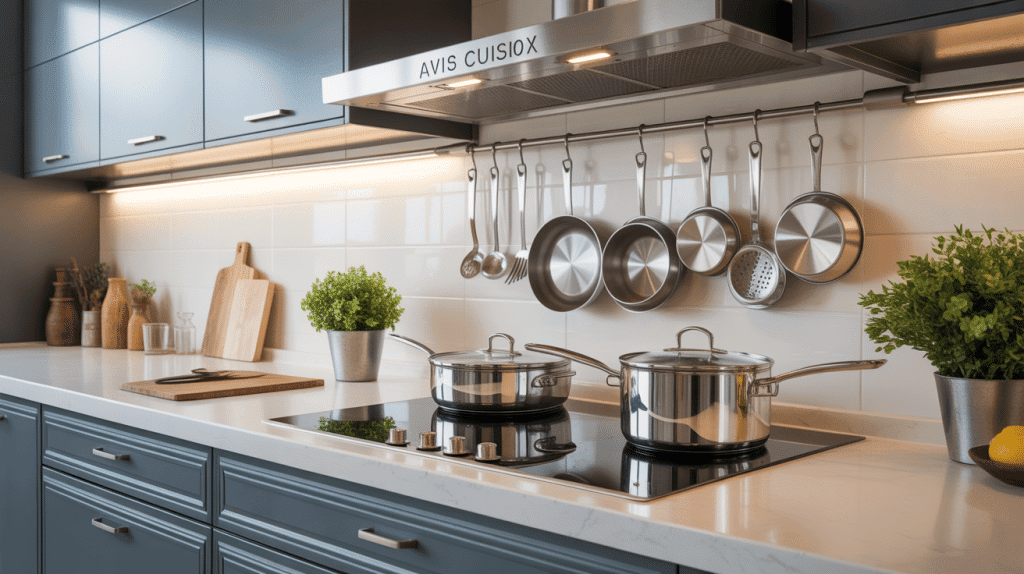 Cuisine moderne Cuisinox avis, ustensiles inox sur plan