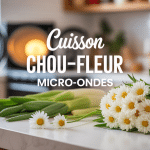 cuisson choux fleur micro onde entier et fleurettes sur plan de travail