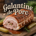 Galantine de porc tranchée sur planche bois avec cornichons