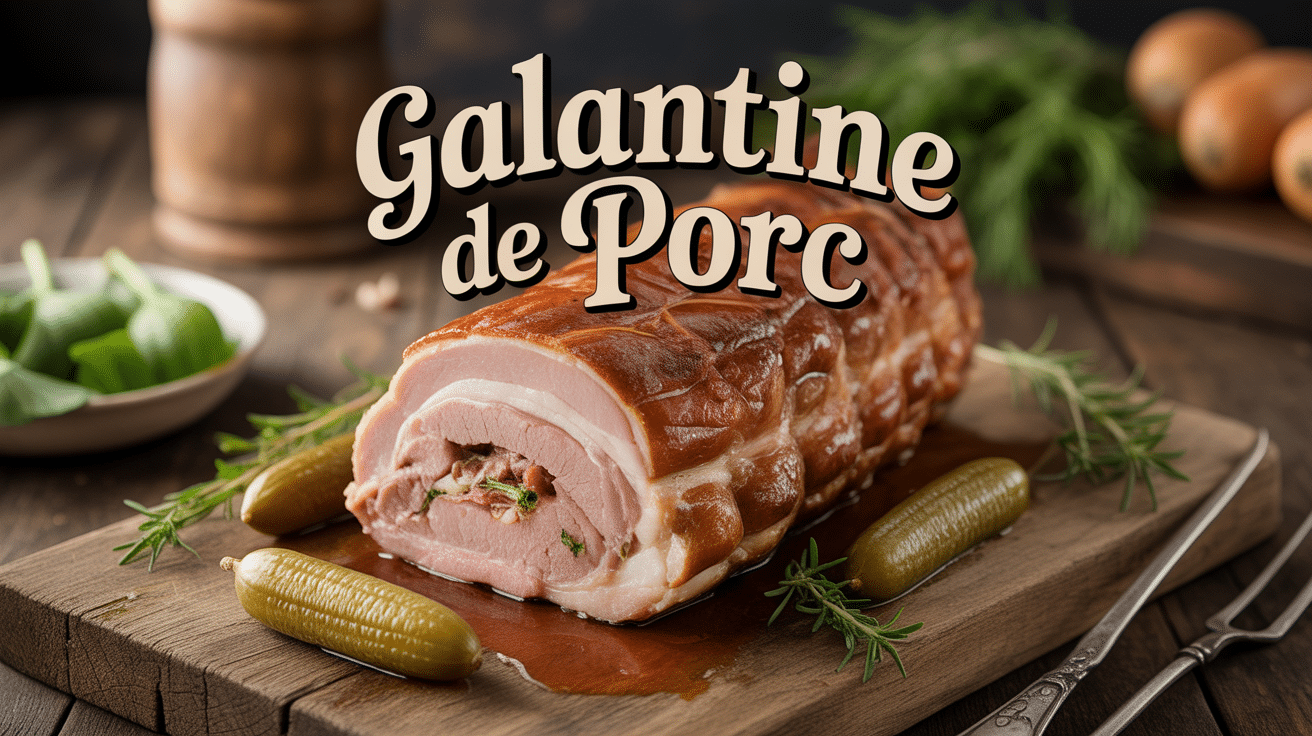 Galantine de porc tranchée sur planche bois avec cornichons