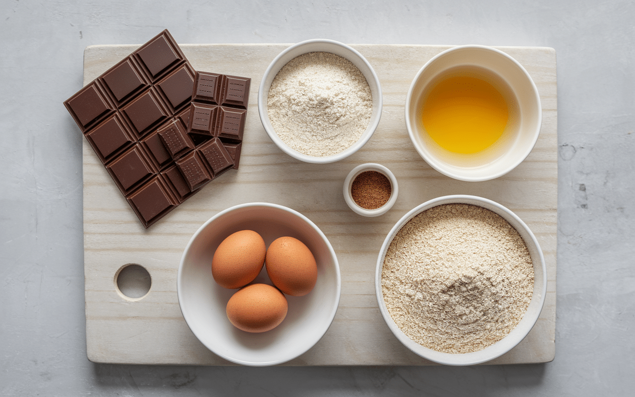 ingrédients fondant au chocolat sans sucre table bois