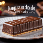 Marquise au chocolat avec biscuit sur plat blanc avec framboises