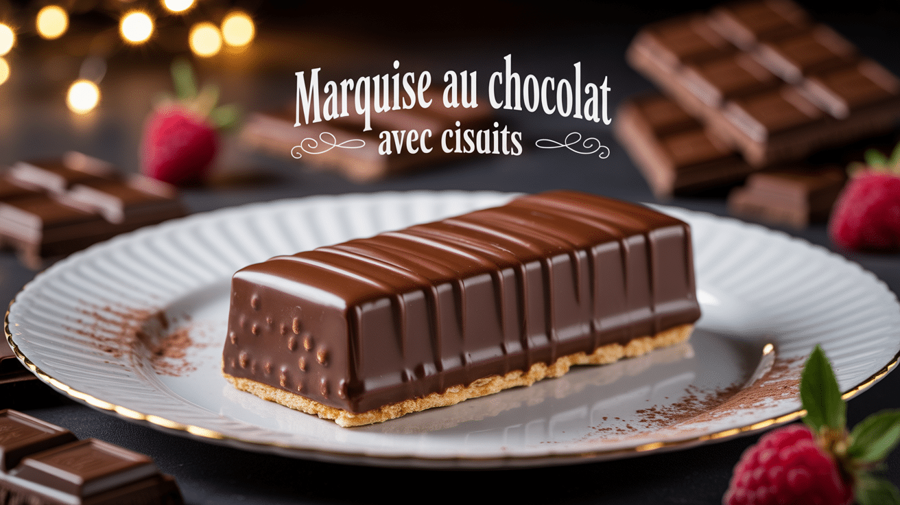 Marquise au chocolat avec biscuit sur plat blanc avec framboises