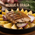 Morue a Braga dorée avec pommes de terre et oignons dans plat rustique