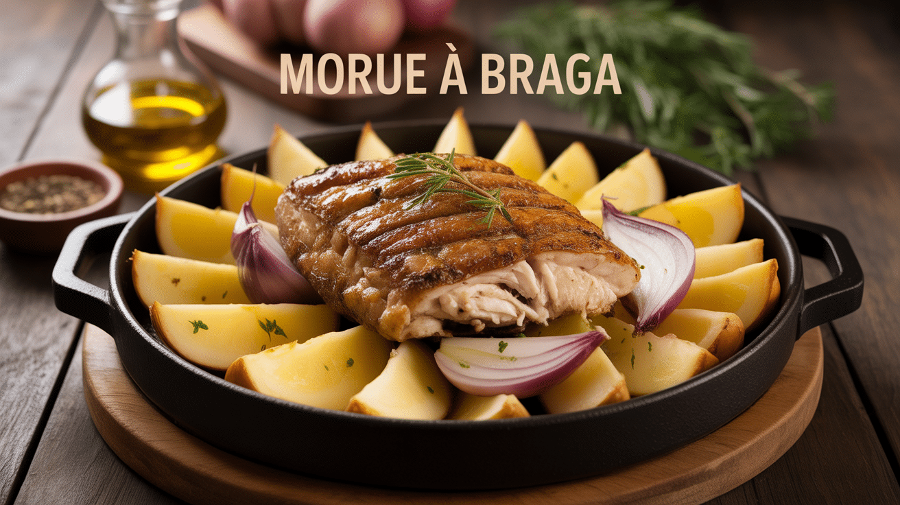 Morue a Braga dorée avec pommes de terre et oignons dans plat rustique