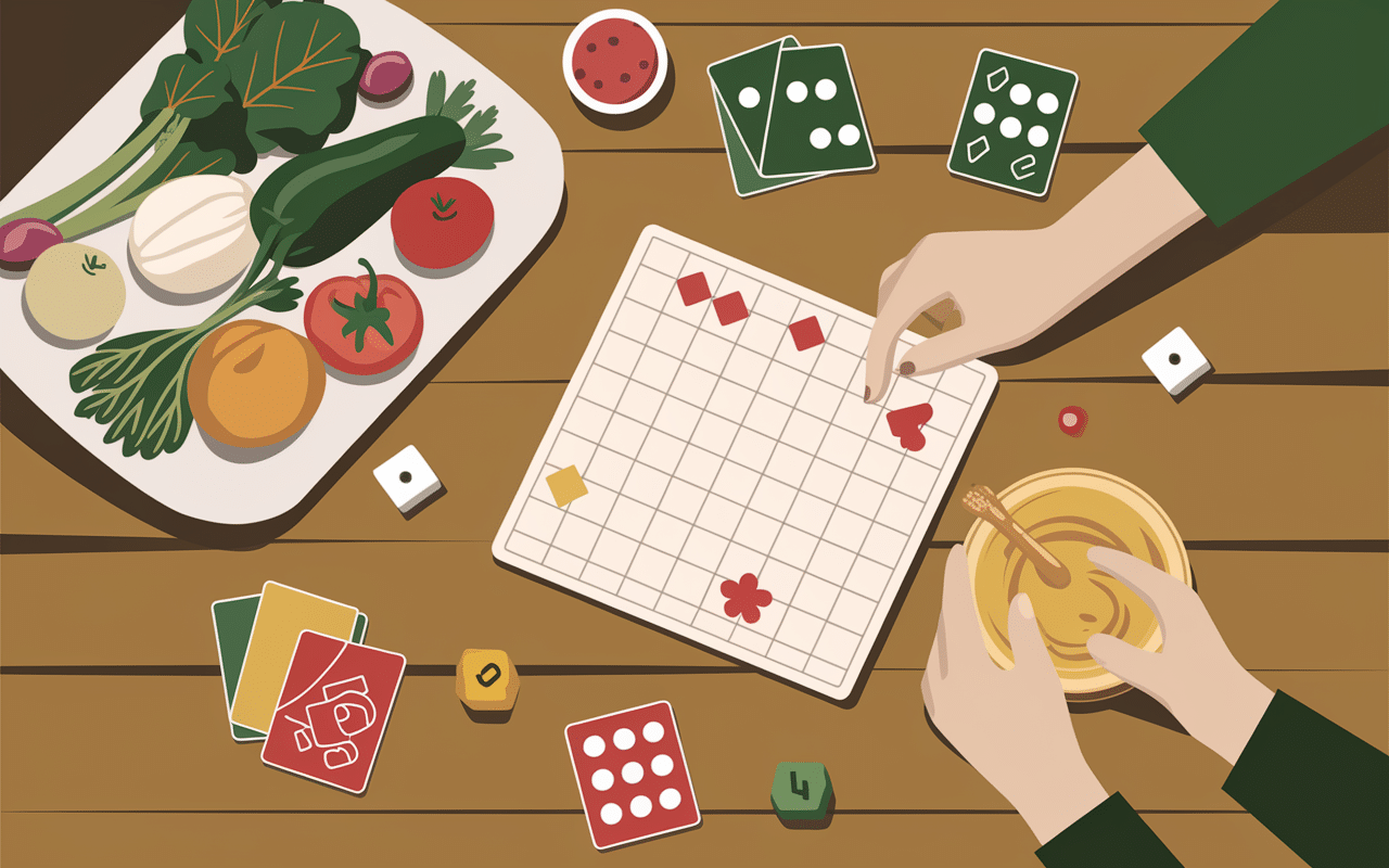 Scène quiz et assiette nourriture en i entre amis