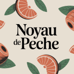 Image stylisée noyau de peche avec peche tranche et feuilles