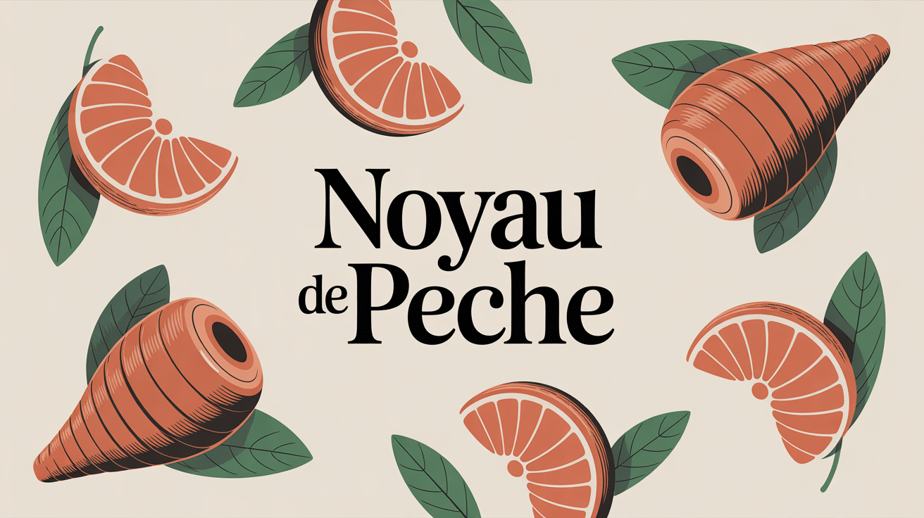 Image stylisée noyau de peche avec peche tranche et feuilles