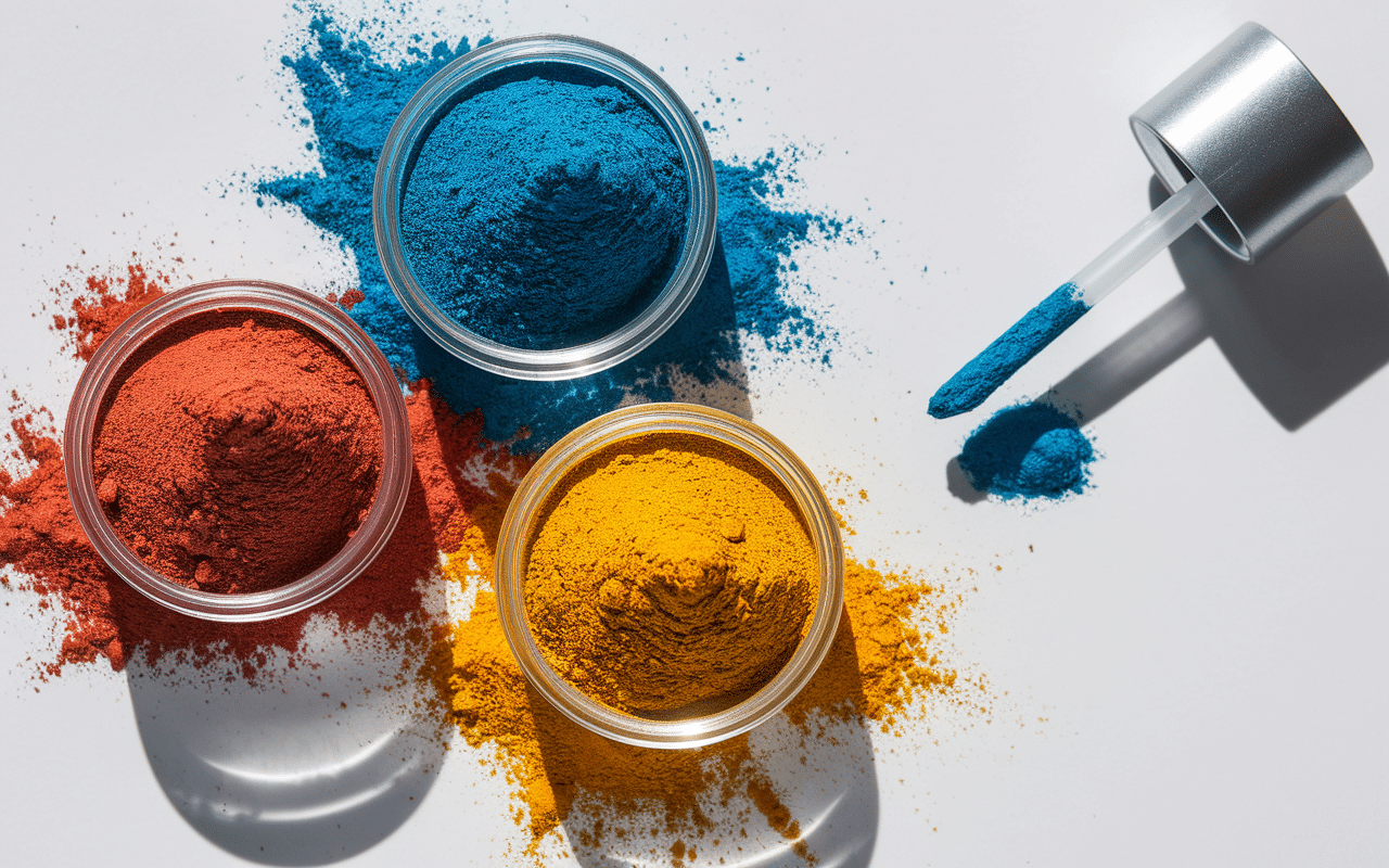 Poudres colorant alimentaire en poudre rouge bleu jaune en récipient