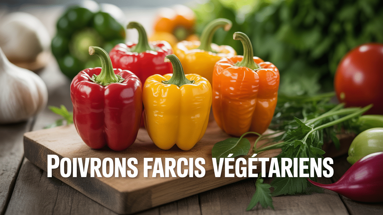 Poivrons farci vegetarien rouges jaunes et orange sur planche bois