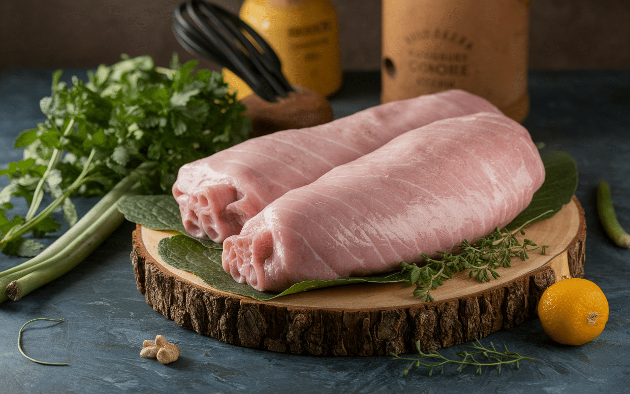 preparation joue de porc crue avec herbes