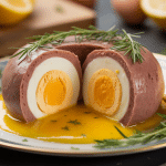 Recette brick à l'oeuf tunisienne ouverte avec jaune coulant sur assiette décorée