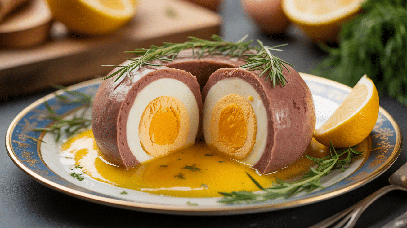 Recette brick à l'oeuf tunisienne ouverte avec jaune coulant sur assiette décorée