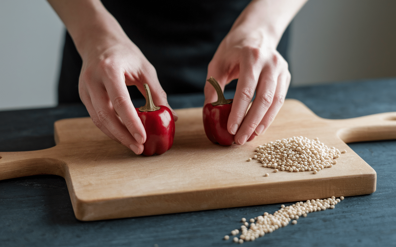 Préparer découper recette poivrons farcis main couteau