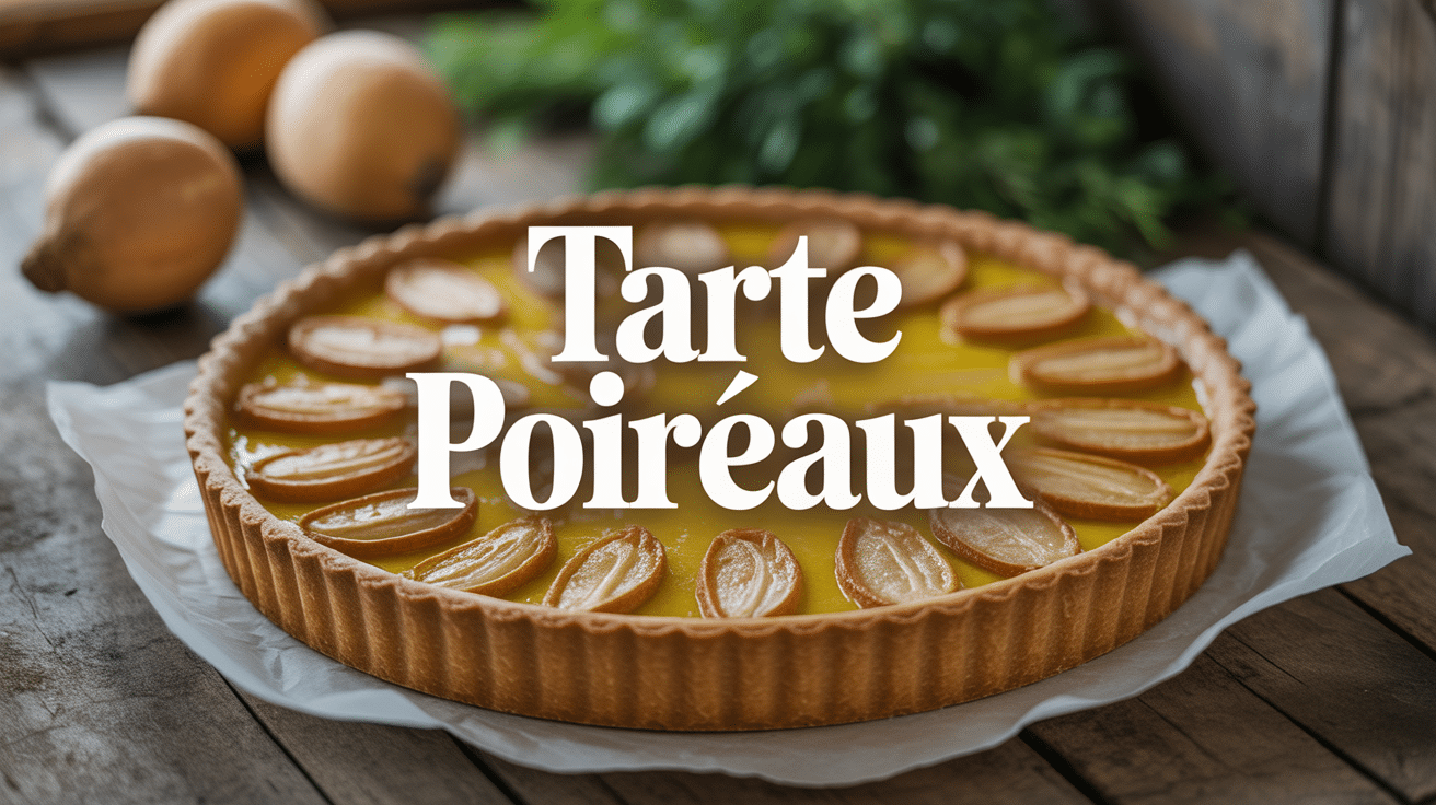 Tarte poireaux dorée sur table rustique