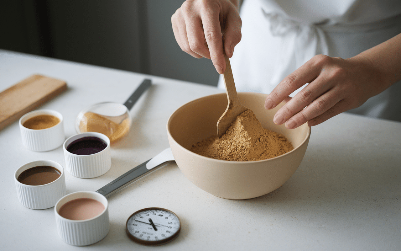 Mains mélangeant colorant alimentaire en poudre en cuisine professionnelle