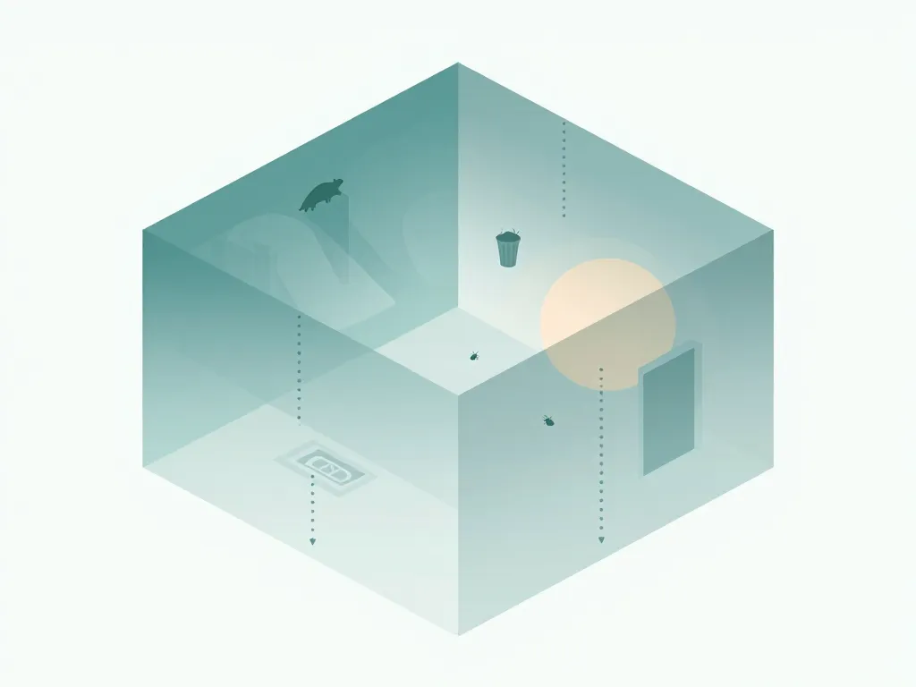 Schéma sources asticot au plafond et trajet des larves