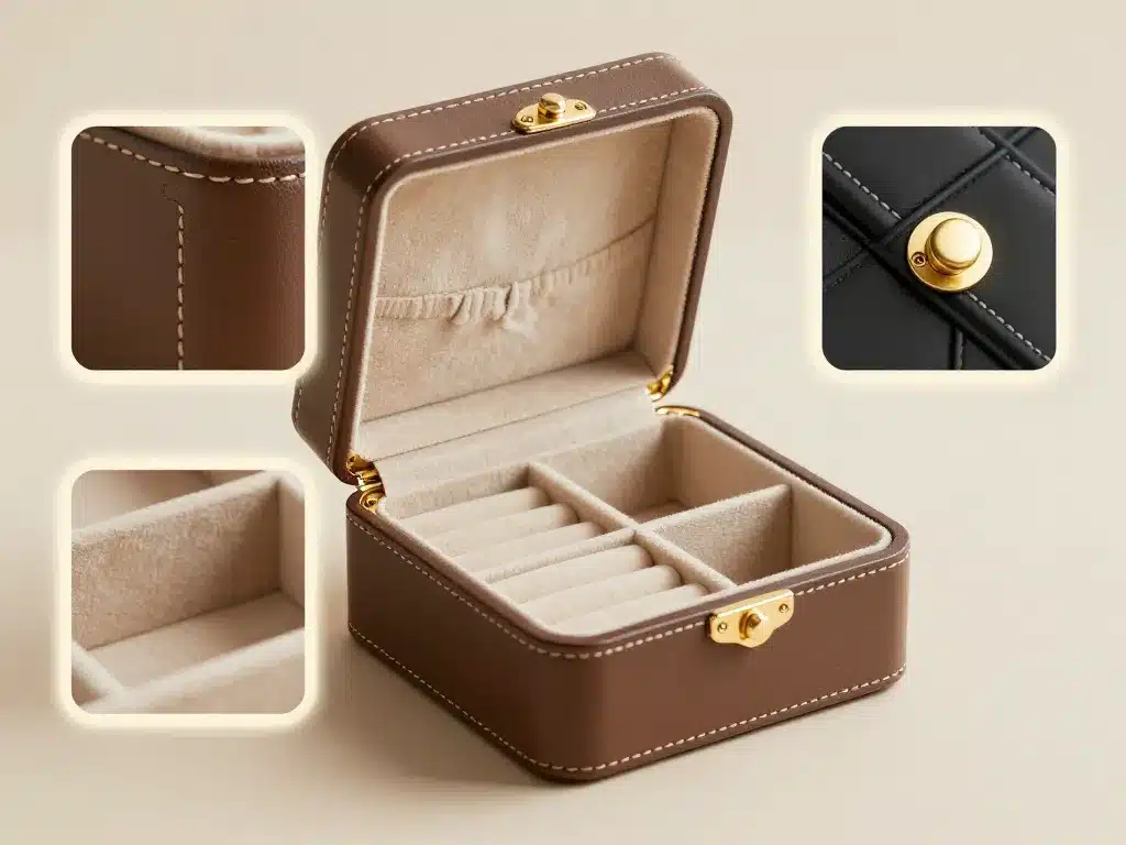 boîte à bijoux luxe détails couture charnières velours