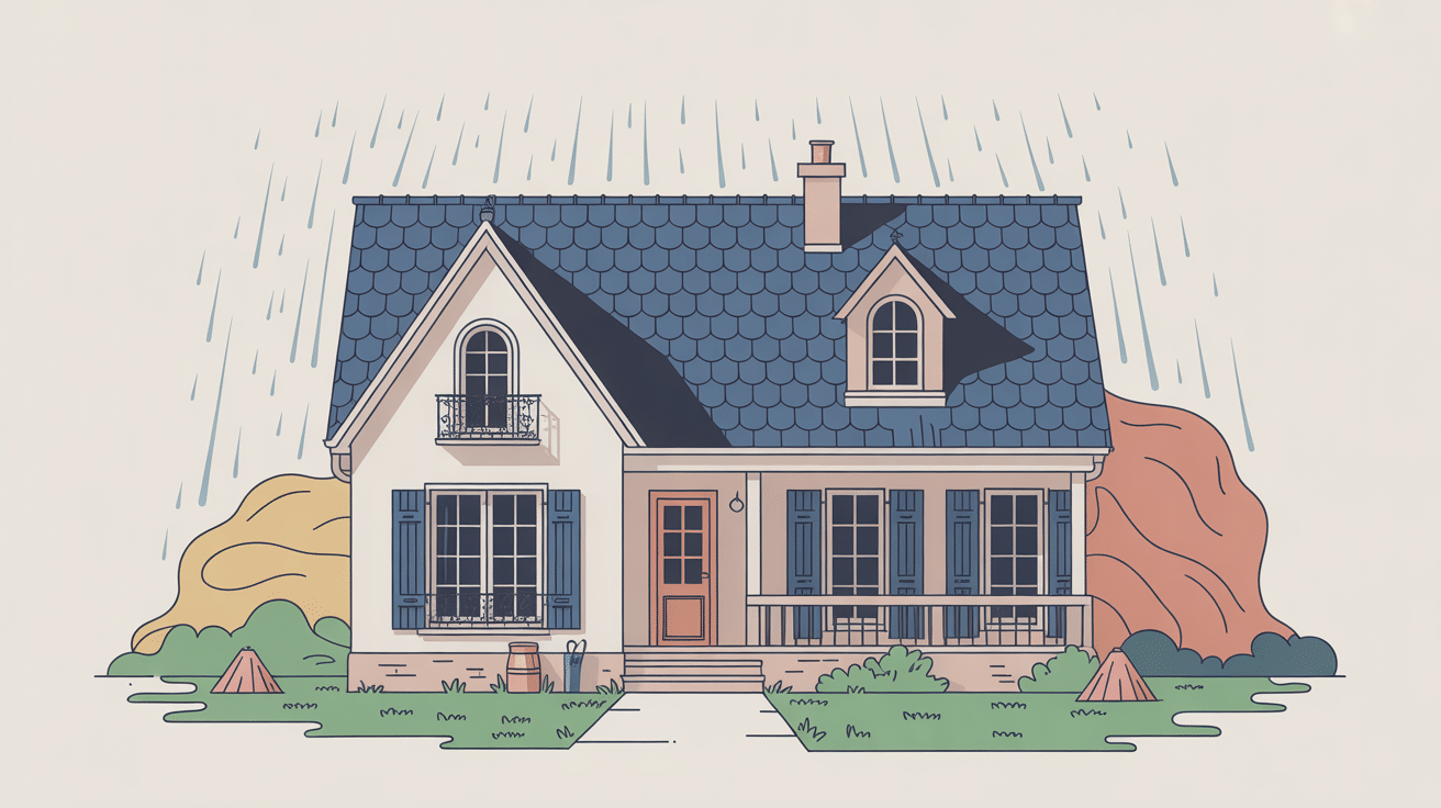 Illustration isométrique de couverture zinguerie avec gouttières, noue et abergements