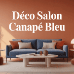 illustration deco salon canape bleu, tapis beige et laiton