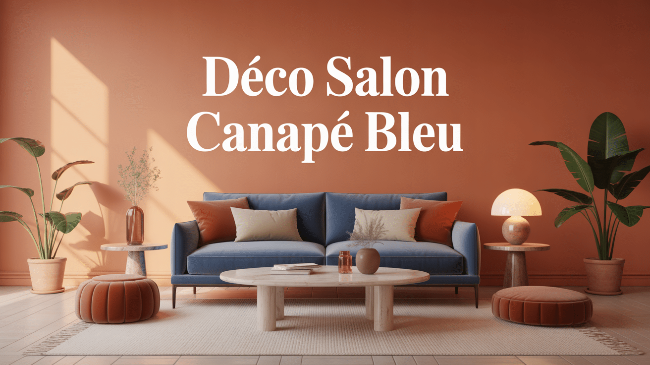 illustration deco salon canape bleu, tapis beige et laiton