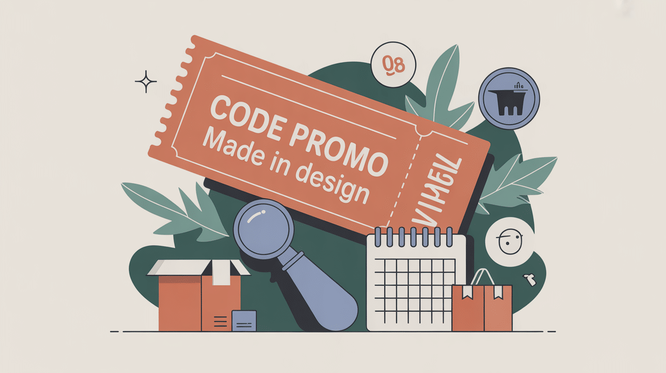 Illustration code promo made in design avec ticket, loupe et calendrier