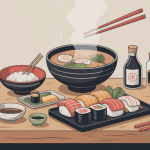 Table de plats japonais maison avec riz, sushis, ramen