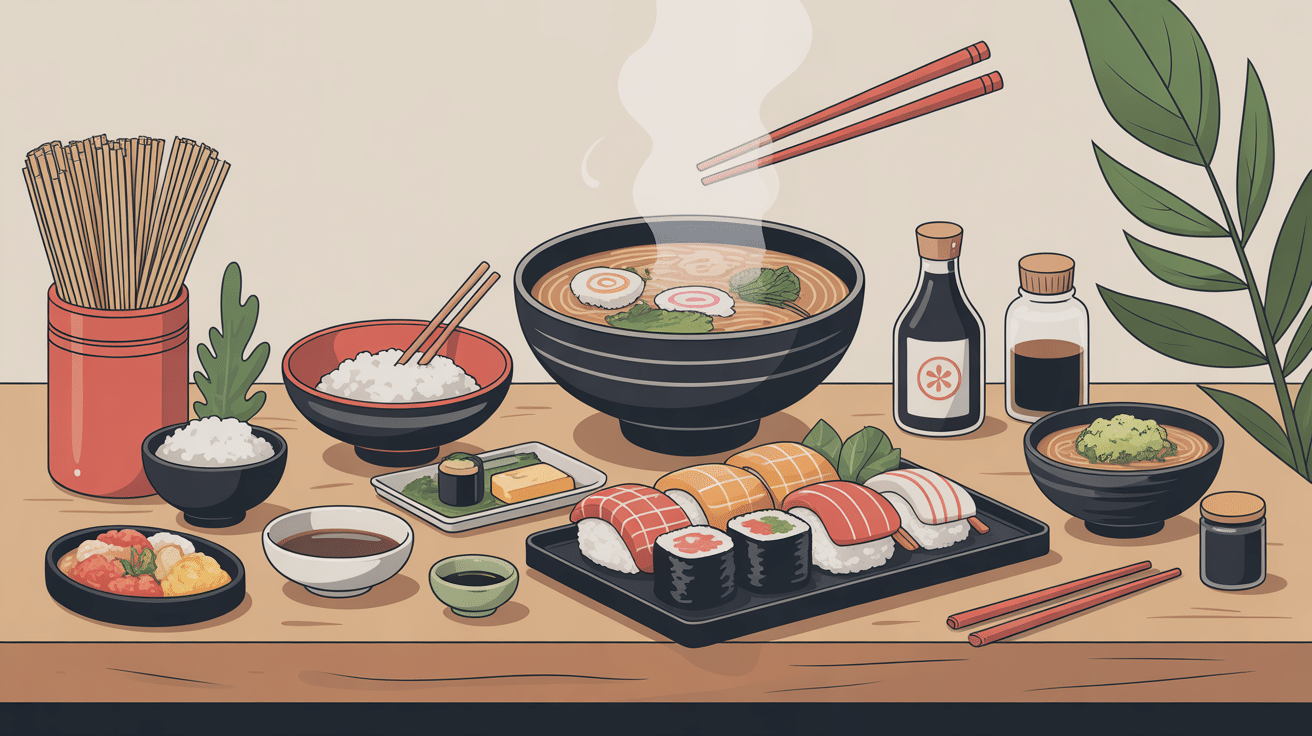 Table de plats japonais maison avec riz, sushis, ramen