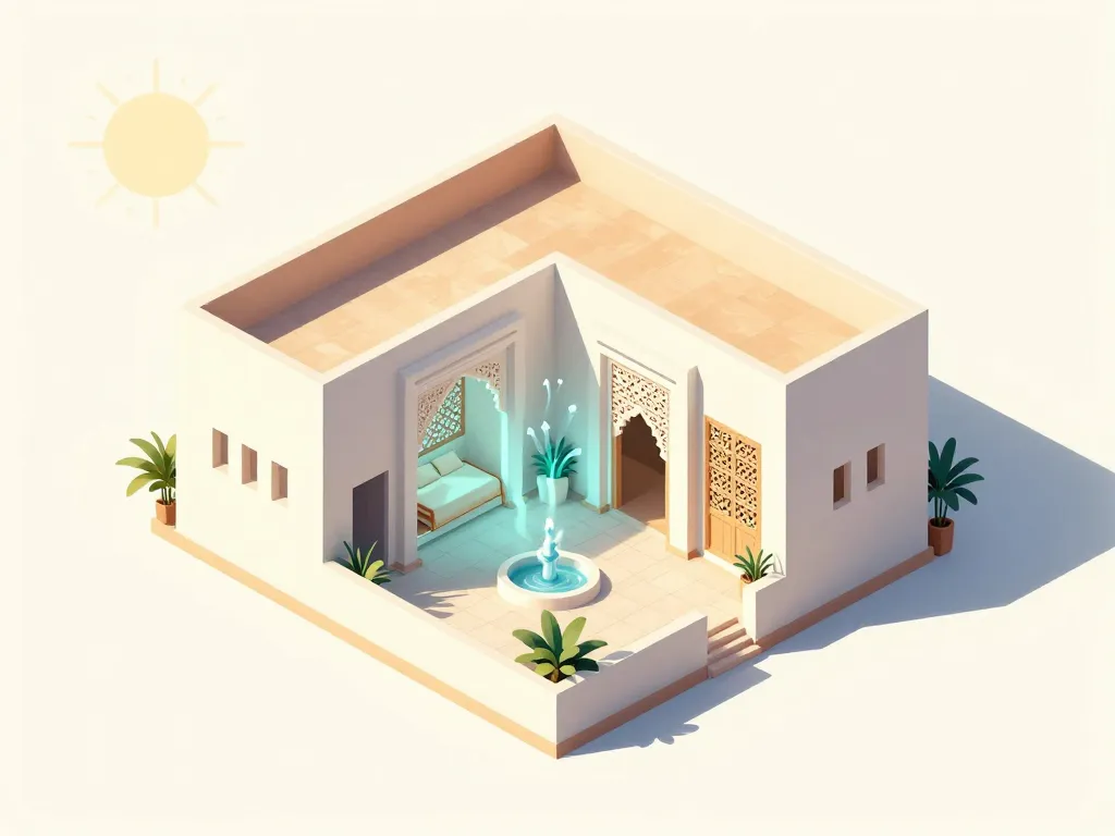 Schéma maison algerienne avec patio central, orientation et ventilation croisée