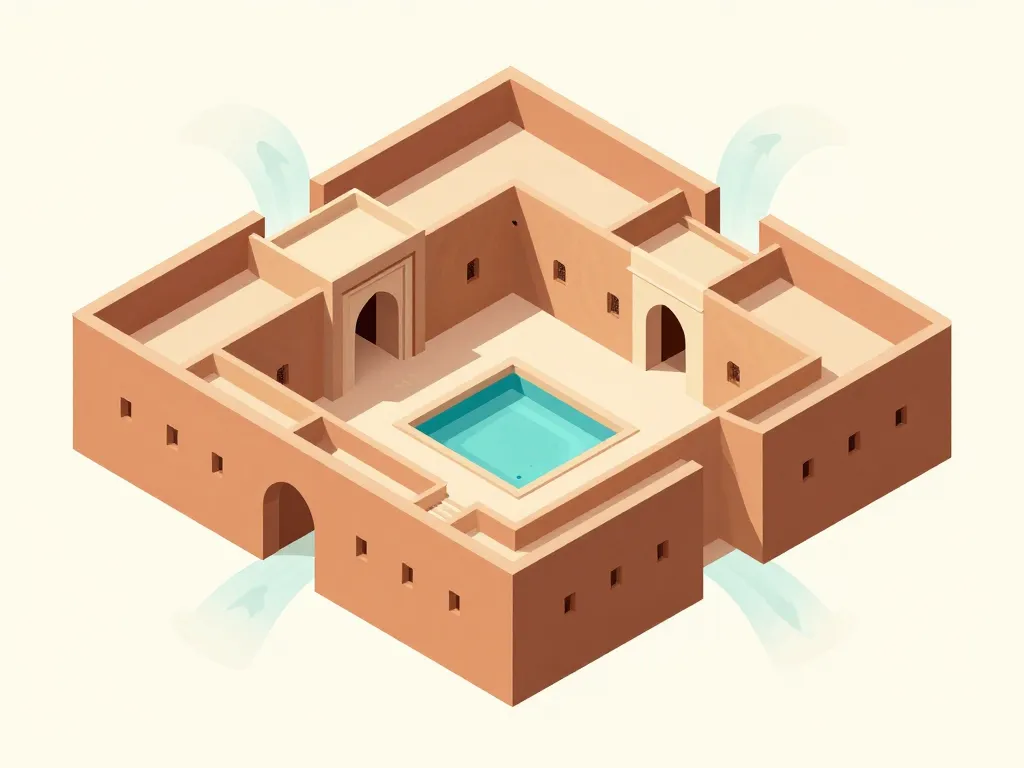 maison marocaine traditionnelle, schéma du plan autour du patio riad et façades fermées