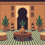 maison marocaine traditionnelle, vue isométrique du patio riad avec arcades et lanternes